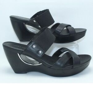 Laura Ashley Black Cutout Wedge Platform Sandals LA-ALBANS2 Silver Trim Mens 11M